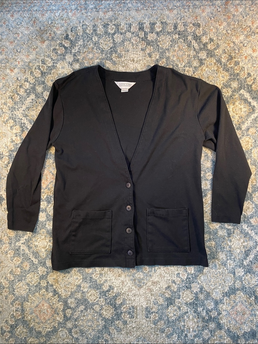 Lands' End Black Button-Up V-Neck Cardigan with Pockets